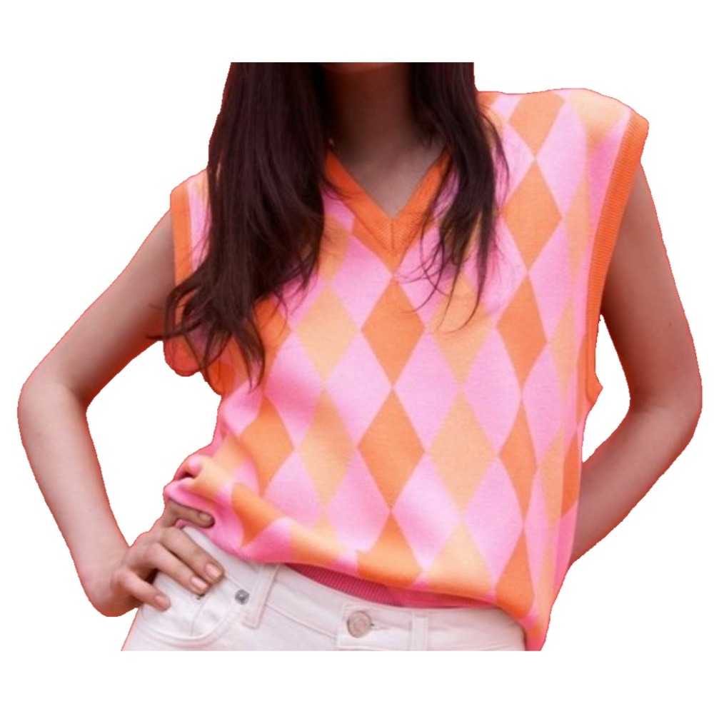 NEW Zara‎ Argyle Sweater Sz Small Vest Pink Orange Retro Academia Clueless Fall